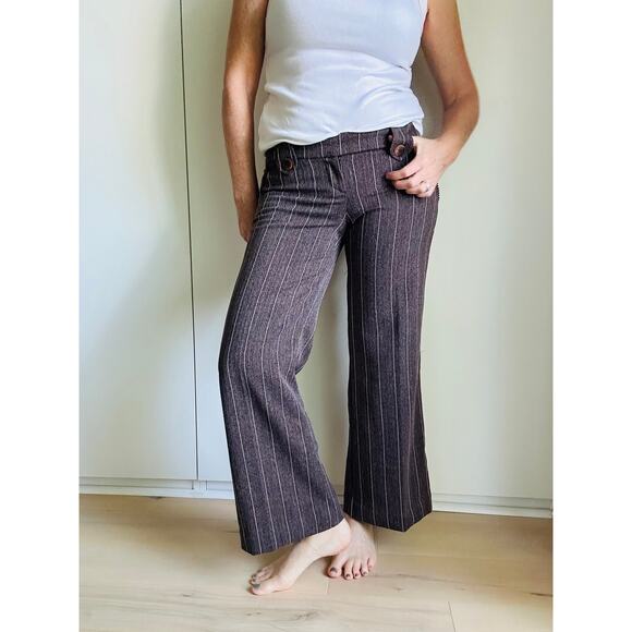 Y2K Low Rise Pinstriped Cropped Pants Brown SZ 6 Low Waist Size 30" Indie Vibes - Picture 1 of 11